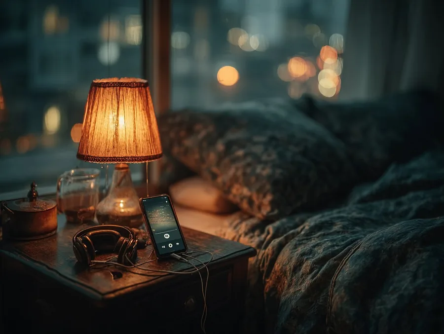 A phone playing music on a bedside table late at night, headphones resting beside it