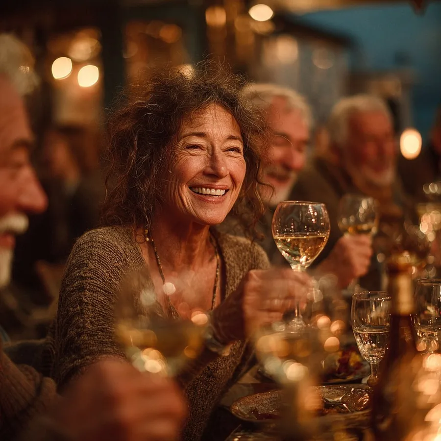 A woman laughing warmly at a candlelit dinner surrounded by family and friends