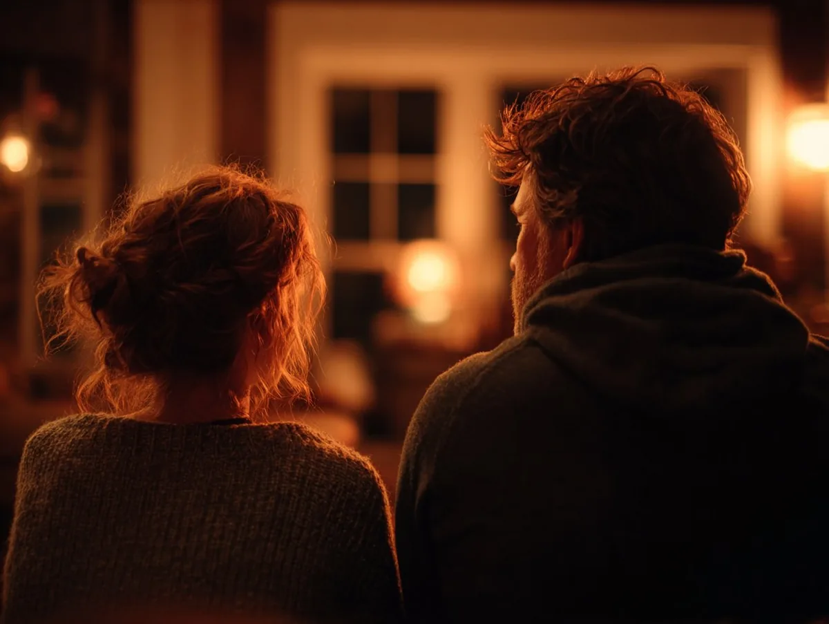Two people sitting close together in warm evening light, listening quietly