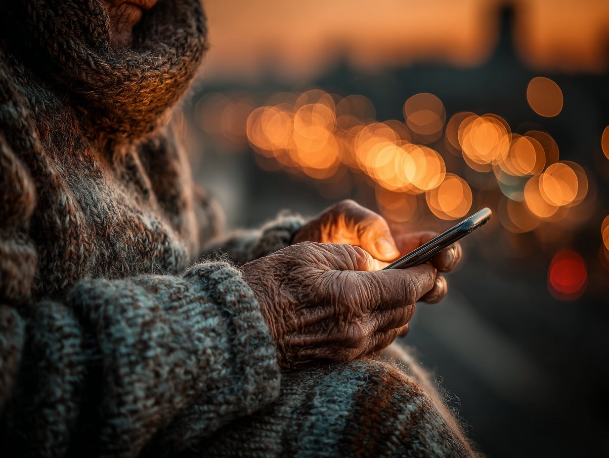 An elderly person holding a phone at dusk, the screen glowing softly in aged hands