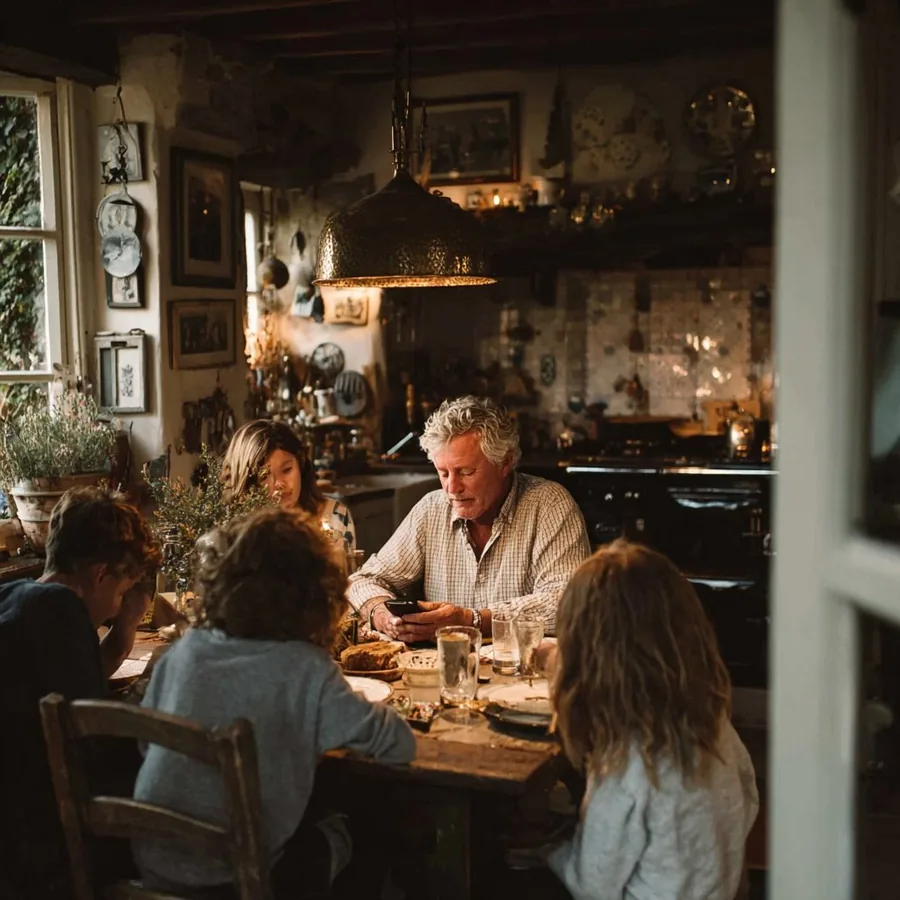 A family gathered around a warm kitchen table, one person sharing something on a phone