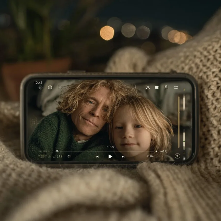 A phone resting on a blanket showing a music player with a photograph of a parent and child on screen