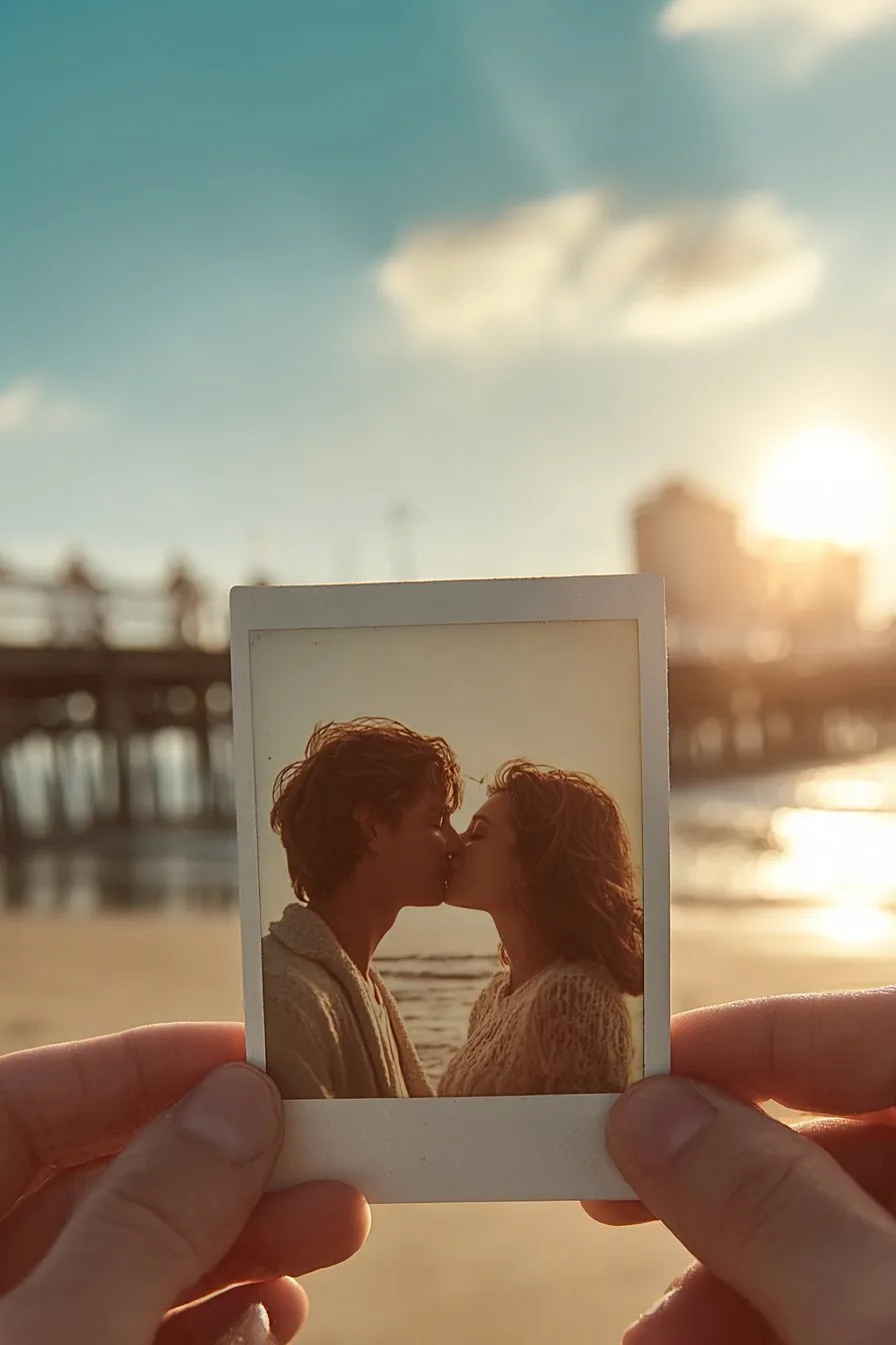 Hands holding a polaroid photograph of a couple kissing on a beach in warm sunlight